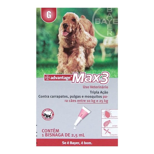 Advantage Max3 G Contra Carrapatos, Pulgas e Mosquitos para Cães entre 10 e 25kg com 1 Bisnaga de 2,5ml