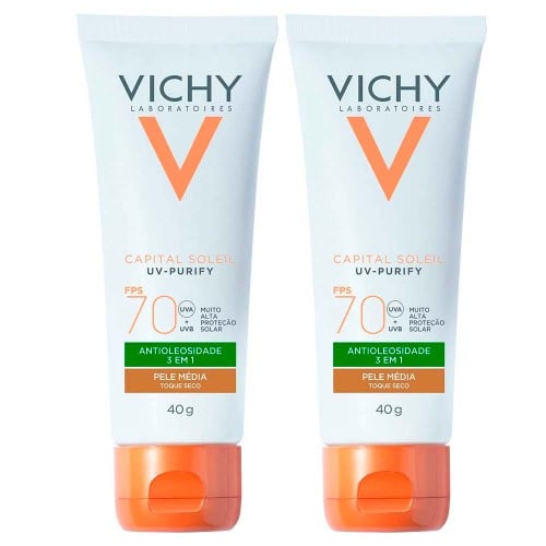 Vichy Idéal Soleil Purify Kit com 2 Unidades – Protetor Solar Facial com Cor FPS70 – Média