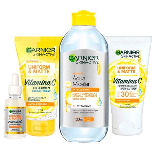 Garnier Kit – Gel de Limpeza Facial + Sérum Facial + Água Micelar + Protetor Hidratante Facial FPS30