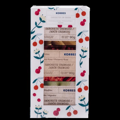 Korres Kit – Sabonete em Barra Cereja & Amêndoa + Pimenta Rosa + Algodão Puro