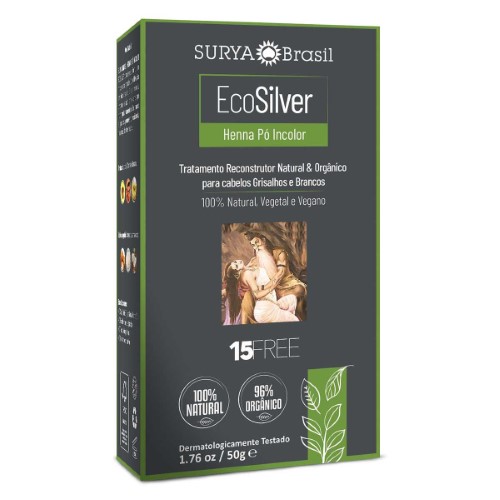 Henna Pó Incolor EcoSilver Surya Brasil Cabelos Grisalhos e Brancos com 50g