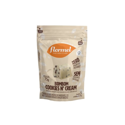 Bombom Flormel Pouch Cookies N Cream Chocolate Branco com Gotas De Chocolate 75g