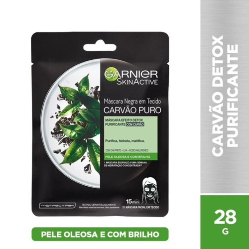 Máscara Facial Negra Em Tecido Garnier Efeito Detox Carvão Puro 28g