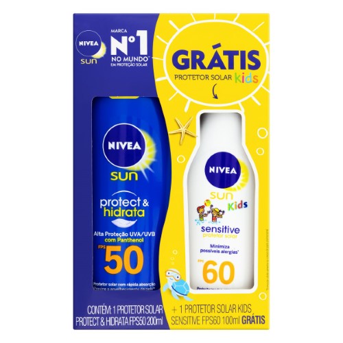 Protetor Solar Nivea Sun Protect & Hidrata FPS 50 Loção 200ml e Ganhe Protetor Solar Nivea Sun Kids Sensitive FPS 60 Loção 100ml