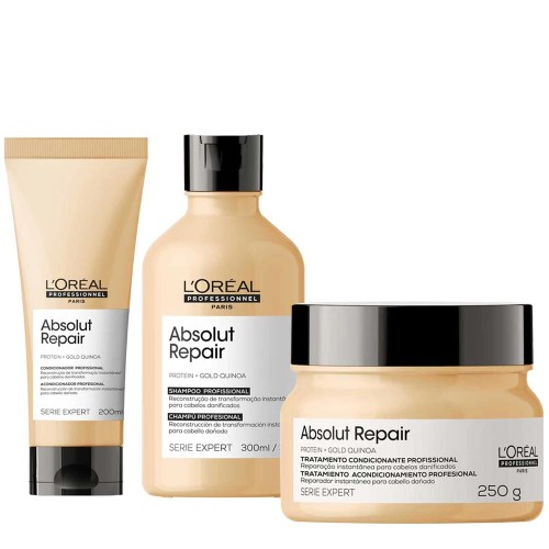 L`oréal Professionnel Absolut Repair Gold Quinoa + Protein Kit – Shampoo + Condicionador + Máscara