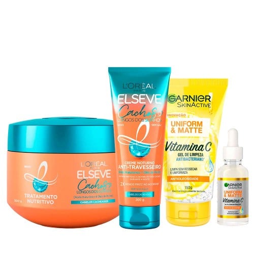 Garnier + Elseve Cachos Kit – Gel de Limpeza Facial + Sérum Facial + Creme Noturno + Creme de Tratamento