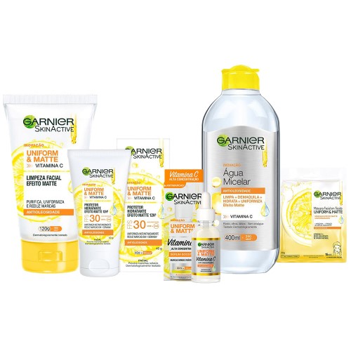 Garnier Skin Uniform & Matte Vitamina C Kit – Sérum + Gel de Limpeza + Água Micelar + Hidratante + Máscara Facial