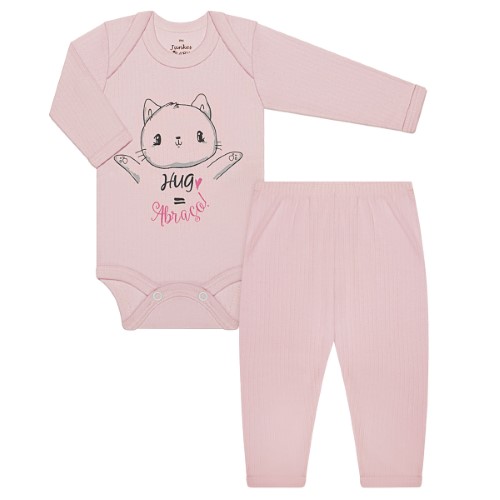 Body longo c/ Calça para bebê em malha canelada Gatinha Hug Rosa - Junkes Baby