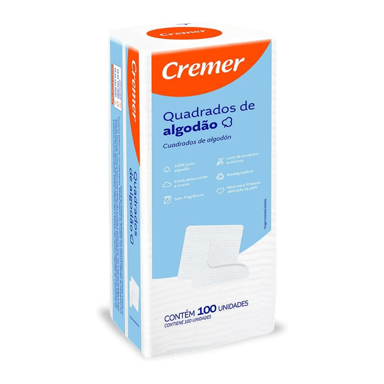 Algodão Quadrado Cremer branco, caixa com 100 unidades