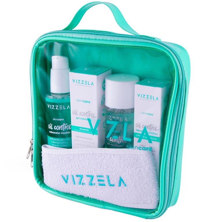 Vizzela Oil Control Kit – Sabonete Líquido + Tônico + Esfoliante + Hidratante + Faixa + Nécessaire