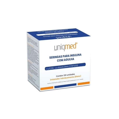 Seringa Uniqmed Insulina 0,5ml Estéril Agulha 6x0,25mm 31g 100 Unidades