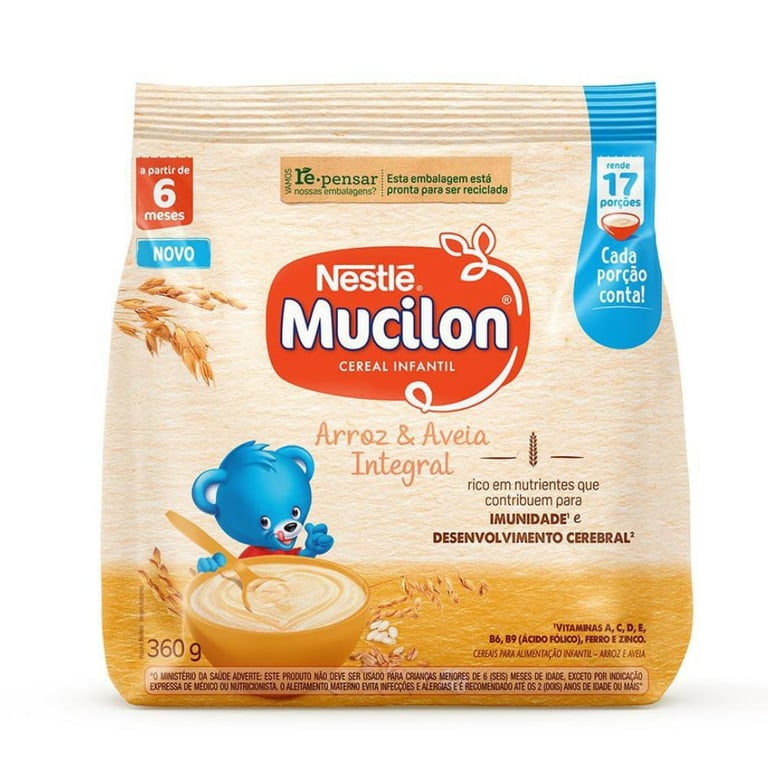 Cereal Infantil Mucilon Zero Adição de Açúcares arroz e aveia, sachê com 360g