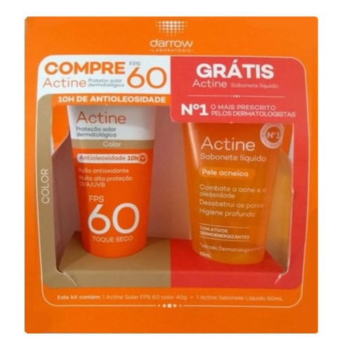 Protetor Solar Darrow Actine FPS 60 Color 40g + Sabonete Liquido Antiacne Darrow Actine 60ml