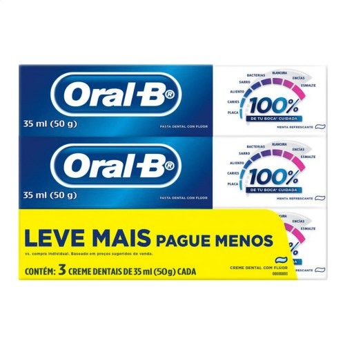 Creme Dental Oral-B 100% com Flúor Menta Refrescante 3 Unidades 50g cada Leve Mais Por Menos