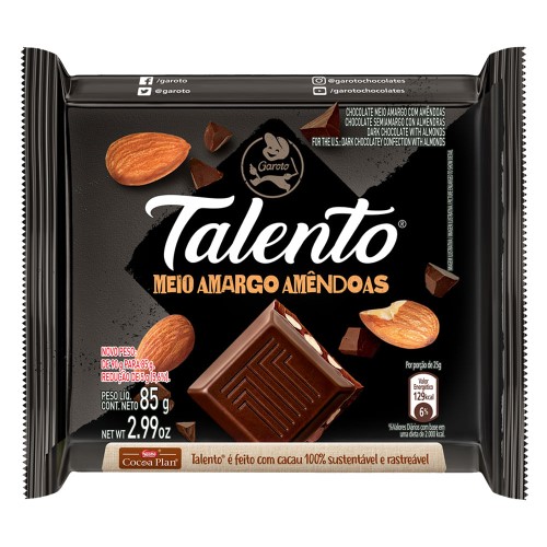 Chocolate Garoto Talento Meio Amargo E Amêndoas 85g