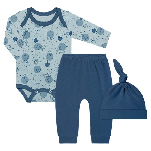 Body longo c/ Calça e Touquinha para bebê em algodão egípcio Animal Friends - Junkes Baby