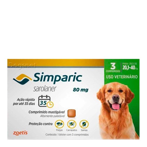 Simparic antipulgas para Cães de 20,1 a 40Kg - 80mg - cx com 3 compr