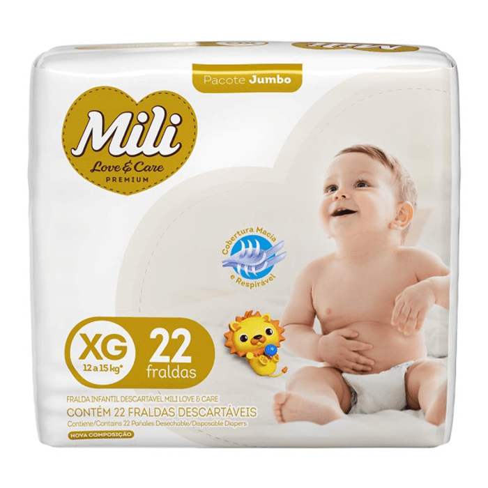 Fralda Mili Love & Care Premium XG, pacote jumbo com 22 unidades