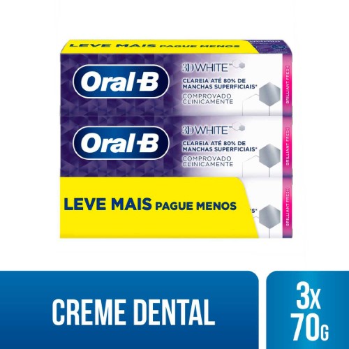 Creme Dental Clareador Oral-B 3D White Brilliant Fresh 70g - 3 Unidades