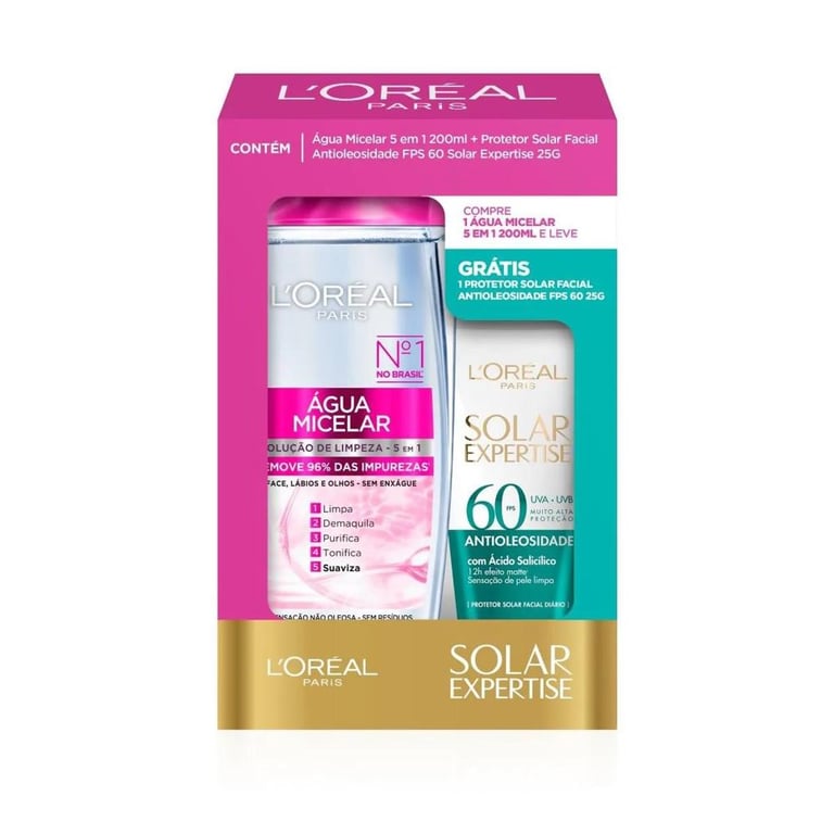 Kit L Oréal Água Micelar 5 em 1 200ml + Protetor Solar Facial Expertise Antioleosidade FPS 60 25g