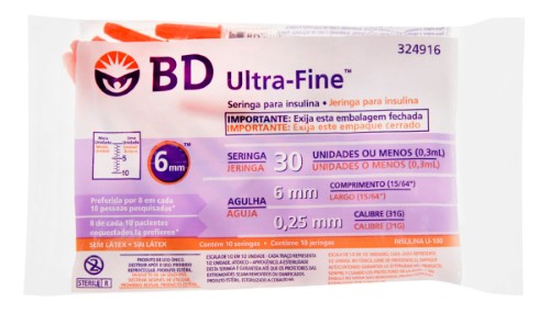 Seringa de Insulina BD Ultra-Fine 6mm 30UI com 10 unidades