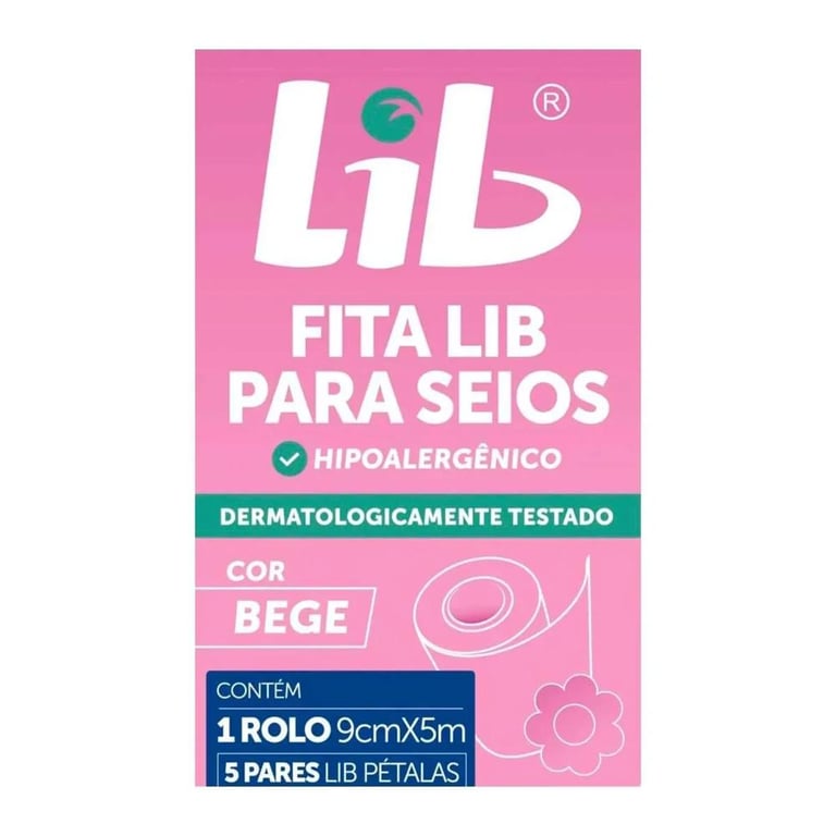 Fita Para Seios Lib Hipoalergênico Cor Bege 1 Rolo 9cm X 5m + 5 Pares Lib Pétalas