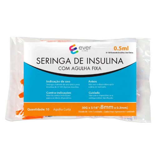 Seringa de Insulina Ever Care 0,5ml 8mm 10 Unidades