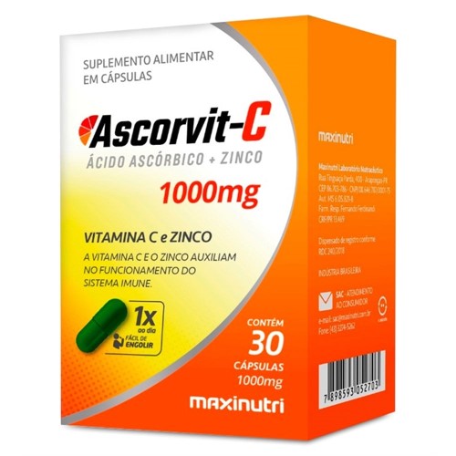 Suplemento Alimentar Ascorvit-C 1000mg Maxinutri 30 cápsulas