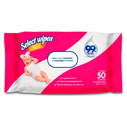 Toalha Umedecida Select Wipes Basic Rosa com 50 Unidades