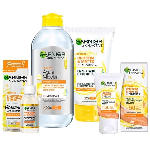 Garnier Skin Uniform & Matte Vitamina C Kit – Sérum + Gel de Limpeza + Água Micelar + Protetor Solar cor Média