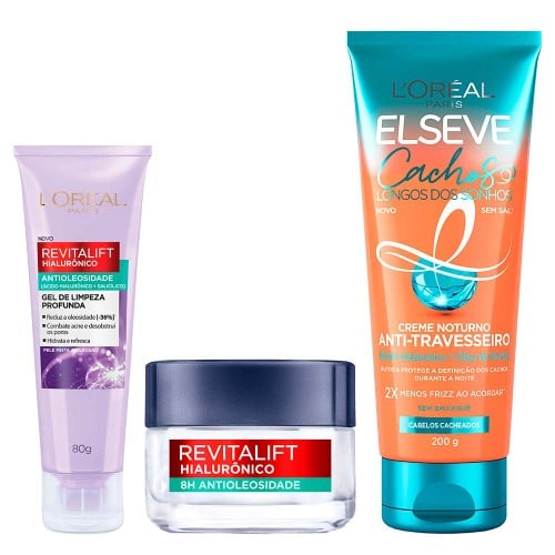 L’Oréal Paris Kit – Gel de Limpeza Facial Profunda Antioleosidade + Gel Creme Facial Antioleosidade + Creme Noturno Cachos