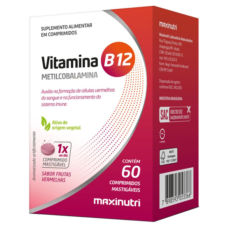 Vitamina B12 Maxinutri frutas vermelhas, caixa com 60 comprimidos mastigáveis