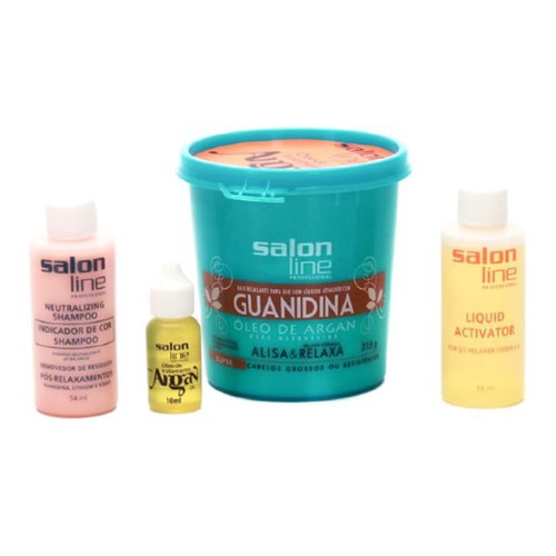 Creme de Relaxamento Salon Line Guanidina Ouro Marroquino Super para Cabelos Grossos ou Resistentes 218g +1 Shampoo Neutralizante 54ml + 1 Líquido Act