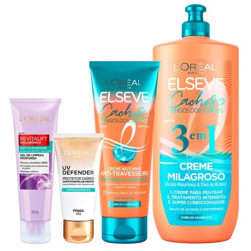 L’Oréal Paris Antioleosidade + Cachos Kit – Gel de Limpeza Facial + Protetor Solar Facial FPS60 + Creme Noturno + Creme 3 em 1