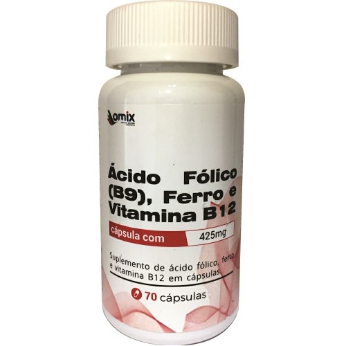 Ácido fólico (B9) ferro e Vitamina B12 425mg Omix 70 cápsulas