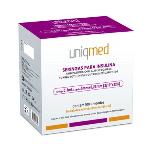 Seringas para Insulina com Agulha Uniqmed 32G 0,3ml (5x0,23mm) 100 Unidades