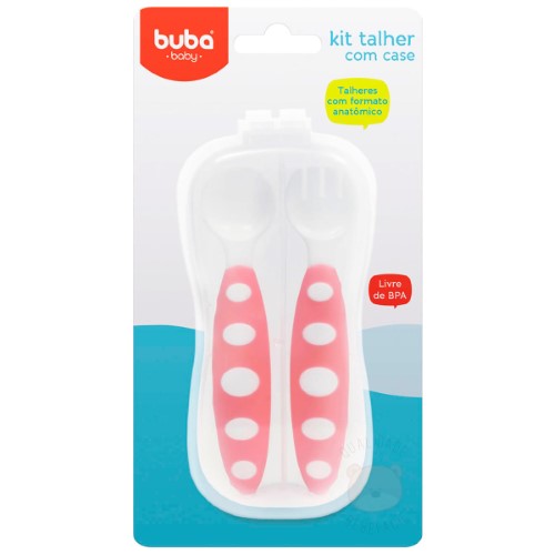 Colher Infantil Buba Rosa 1 Unidade + Garfo Infantil Buba Rosa 1 Unidade + Case