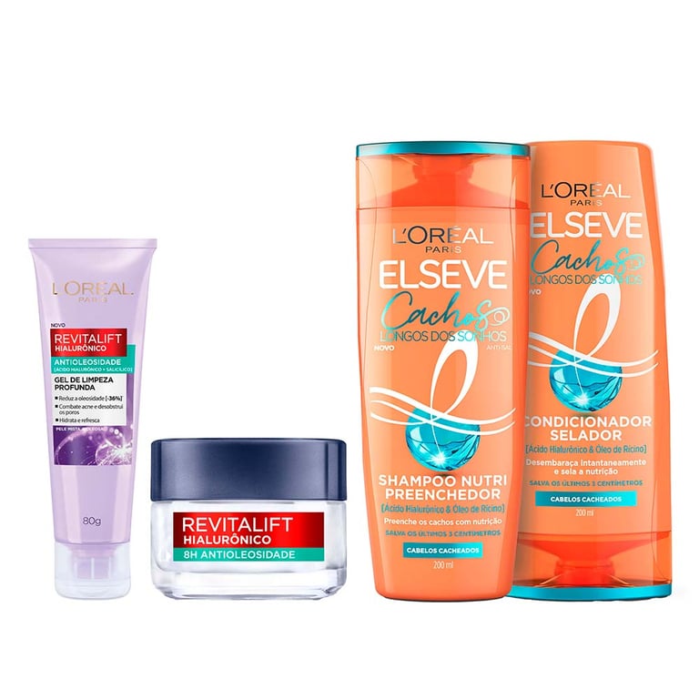 L’Oréal Paris Kit – Gel de Limpeza Facial Profunda Antioleosidade + Gel Creme Facial Antioleosidade + Shampoo e Condicionador Elseve Cachos