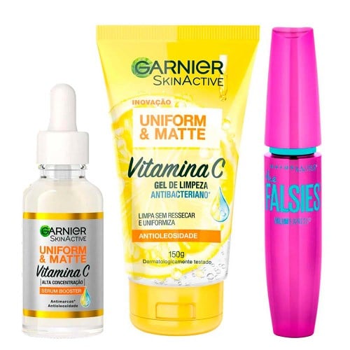 Garnier + Maybelline Kit – Gel de Limpeza Facial + Sérum Facial + Máscara de Cílios The Falsies