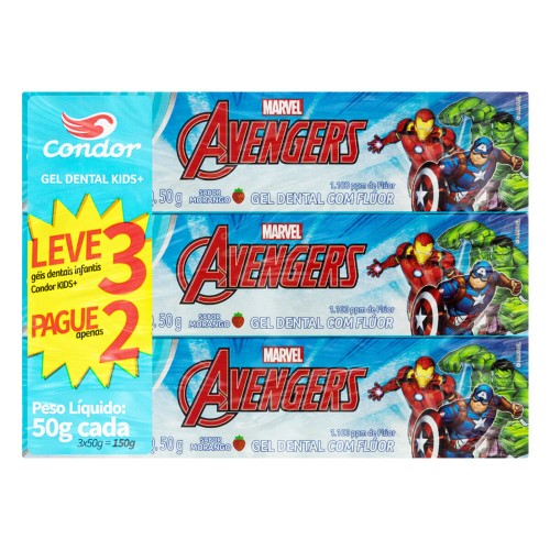 Kit 3x50g Gel Dental Condor Kids+ Avengers com Flúor Morango