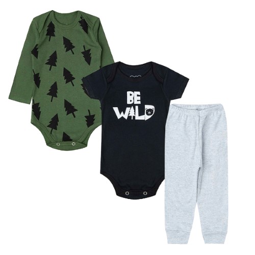 Kit: Body longo + Body curto + Calça para bebê em algodão Pinheiros - Orango Kids