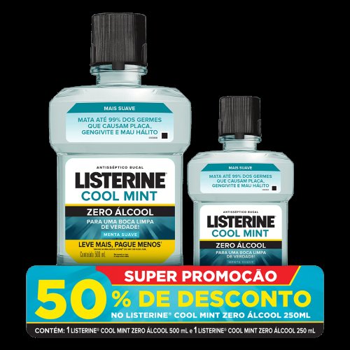 Enxaguante Bucal Listerine Cool Mint Zero Álcool Hortelã 500ml + 50% de Desconto Listerine 250ml