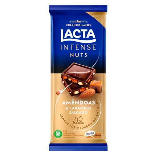 Chocolate Lacta Intense Nuts 40% Cacau Amêndoas e Caramelo Salgado 85g