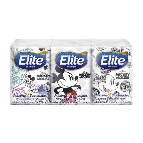 Lenço de Papel Elite Kids Disney Mickey Mouse Folha Dupla Desenhos Sortidos 6 Pacotes com 8 Folhas cada