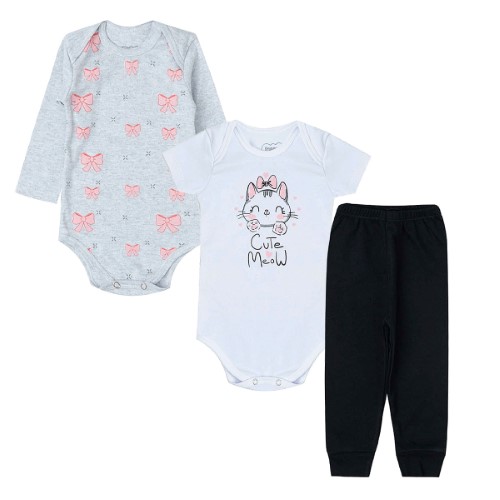 Kit: Body longo + Body curto + Calça para bebê em algodão Gato Laços - Orango Kids