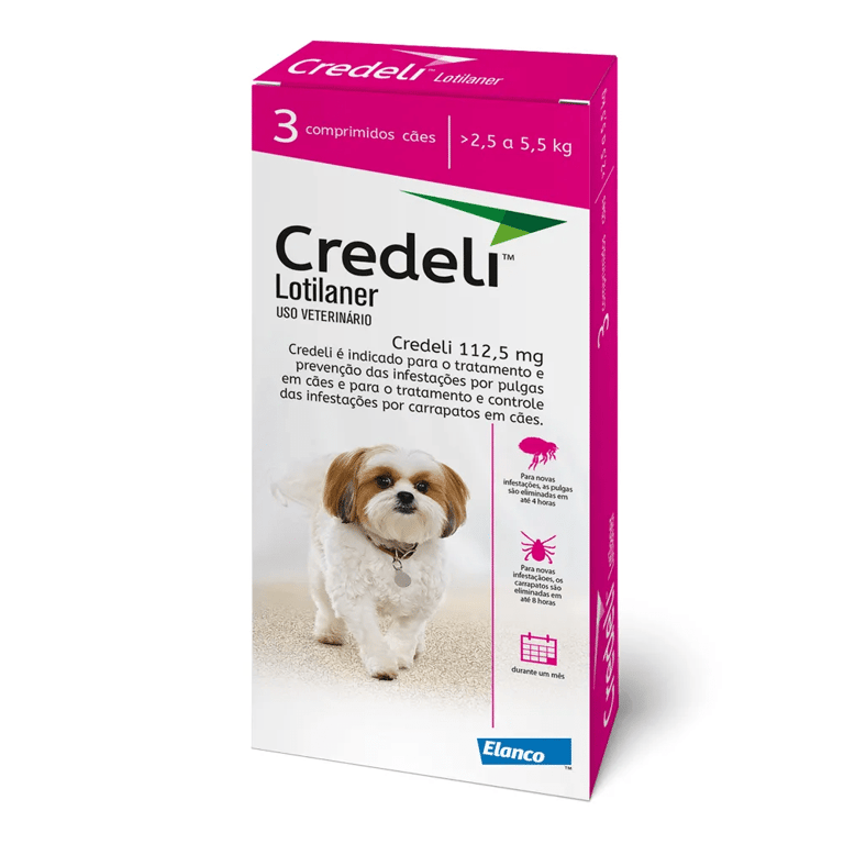 Credeli 112,5mg Antipulgas e Carrapatos para Cães de 2,5 a 5,5kg com 3 Comprimidos Mastigáveis