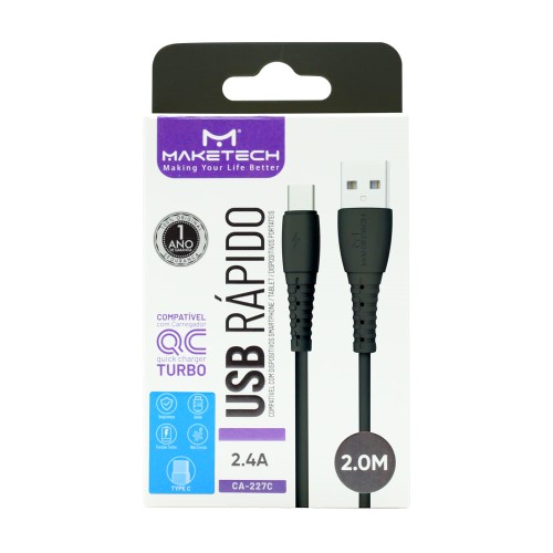 Cabo USB Tipo C Maketech CA 227C Preto 2,4A 2 Metros