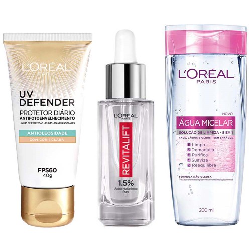 L`oréal Paris Revitalift UV Defender Kit – Água Micelar 5 em 1 + Sérum + Protetor Solar UV Defender FPS 60 cor Clara