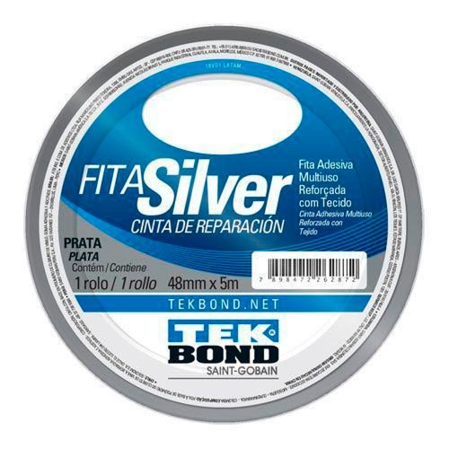 Fita Silver Adesiva Multiuso Reforçada com Tecido Tekbond Cor Prata 48mm x 5mm