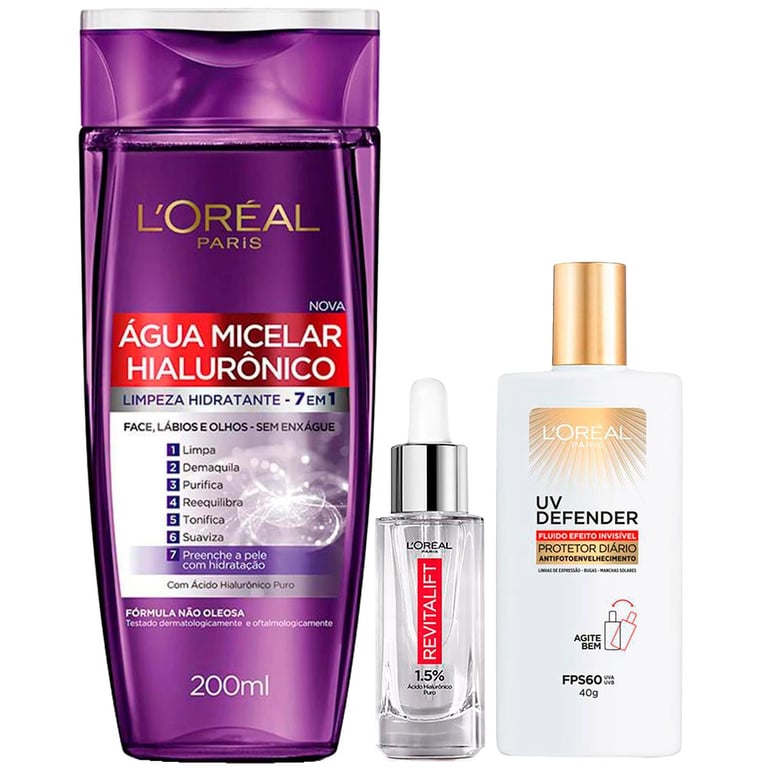 L`oréal Paris Revitalift Hialurônico UV Defender Kit – Água Micelar + Sérum + Protetor Solar